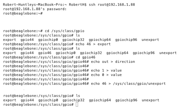 Example commands over SSH to control a GPIO pin Comandi di esempio su SSH per controllare un pin GPIO